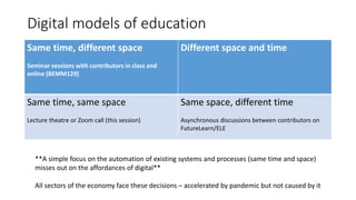 Digital models of education
Same time, different space
Seminar sessions with contributors in class and
online (BEMM129)
Different space and time
Same time, same space
Lecture theatre or Zoom call (this session)
Same space, different time
Asynchronous discussions between contributors on
FutureLearn/ELE
**A simple focus on the automation of existing systems and processes (same time and space)
misses out on the affordances of digital**
All sectors of the economy face these decisions – accelerated by pandemic but not caused by it
 