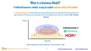 18
Digital Business Models 2023-2024 Alejandro.depablo@esic.university fernando.soria@esic.university
2. Product pyramid At the base are the products and services that are low price and
high volume; Products and services of first line High price and low volume Air France
Group
Profit
Profit zone
What is a business Model?
Price
Volume
Traditional business models: trying to explain success with profit models
Adrian Slywotzky and David Morrison, The profit Zone, 1998
 