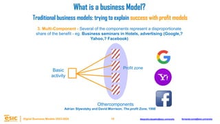 19
Digital Business Models 2023-2024 Alejandro.depablo@esic.university fernando.soria@esic.university
3. Multi-Component - Several of the components represent a disproportionate
share of the benefit - eg. Business seminars in Hotels, advertising (Google,?
Yahoo,? Facebook)
Basic
activity
Othercomponents
What is a business Model?
Traditional business models: trying to explain success with profit models
Profit zone
Adrian Slywotzky and David Morrison, The profit Zone, 1998
 