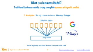23
Digital Business Models 2023-2024 Alejandro.depablo@esic.university fernando.soria@esic.university
7. Multiplier Strong customer brand Disney, Google
Different offers
Key asset
What is a business Model?
Traditional business models: trying to explain success with profit models
Adrian Slywotzky and David Morrison, The profit Zone, 1998
 