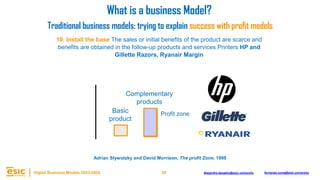 26
Digital Business Models 2023-2024 Alejandro.depablo@esic.university fernando.soria@esic.university
10. Install the base The sales or initial benefits of the product are scarce and
benefits are obtained in the follow-up products and services Printers HP and
Gillette Razors, Ryanair Margin
Complementary
products
Basic
product
What is a business Model?
Traditional business models: trying to explain success with profit models
Adrian Slywotzky and David Morrison, The profit Zone, 1998
Profit zone
 