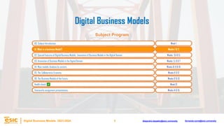 3
Digital Business Models 2023-2024 Alejandro.depablo@esic.university fernando.soria@esic.university
Digital Business Models
Subject Program
00. Subject Introduction. Week 1
01. What is a business Model?. Weeks 1 & 2
02. Special Features of Digital Business Models . Innovation of Business Models in the Digital Domain. Weeks 3,4 & 5
03. Innovation of Business Models in the Digital Domain. Weeks 5, 6 & 7
04. Main models. Analysis by sectors. Weeks 8, 9 & 10
05. The Collaborative Economy. Weeks 11 & 12
06. The Business Models of the Future. Weeks 12 & 13
Health check. Week 13
Teamworks assignment presentations. Weeks 14 & 15
 