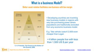 49
Digital Business Models 2023-2024 Alejandro.depablo@esic.university fernando.soria@esic.university
• Developing countries are inventing
new business models in regions with
very low purchasing power where
populations are traditionally excluded
from any economic business model.
E.g. Tata vehicle costs € 2,500 even
cheaper than Logan
• 4 billion people live with less
than 1,500 US $ per year
C. K. Prahalad, The Fortune at the Botton of
the Pyramid, 2006
What is a business Model?
Better asset rotation facilitates new business with low margin
 