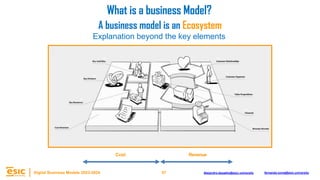 57
Digital Business Models 2023-2024 Alejandro.depablo@esic.university fernando.soria@esic.university
Cost Revenue
A business model is an Ecosystem
Explanation beyond the key elements
What is a business Model?
 