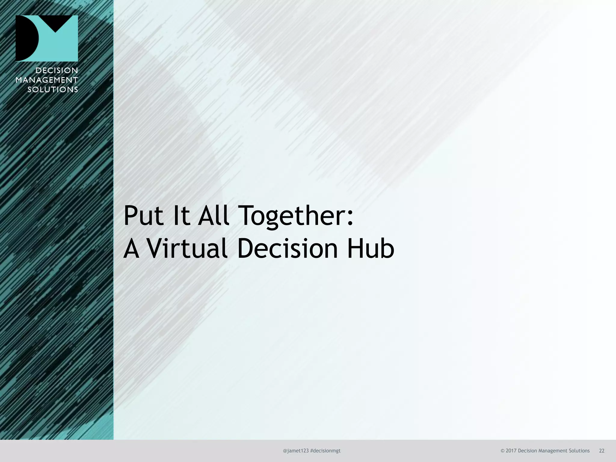 @jamet123 #decisionmgt © 2017 Decision Management Solutions 22
Put It All Together:
A Virtual Decision Hub
 