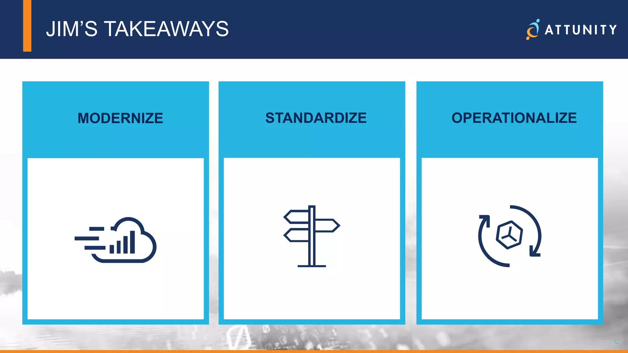 12© 2018 Attunity 12© 2017 Attunity
JIM’S TAKEAWAYS
MODERNIZE STANDARDIZE OPERATIONALIZE
 