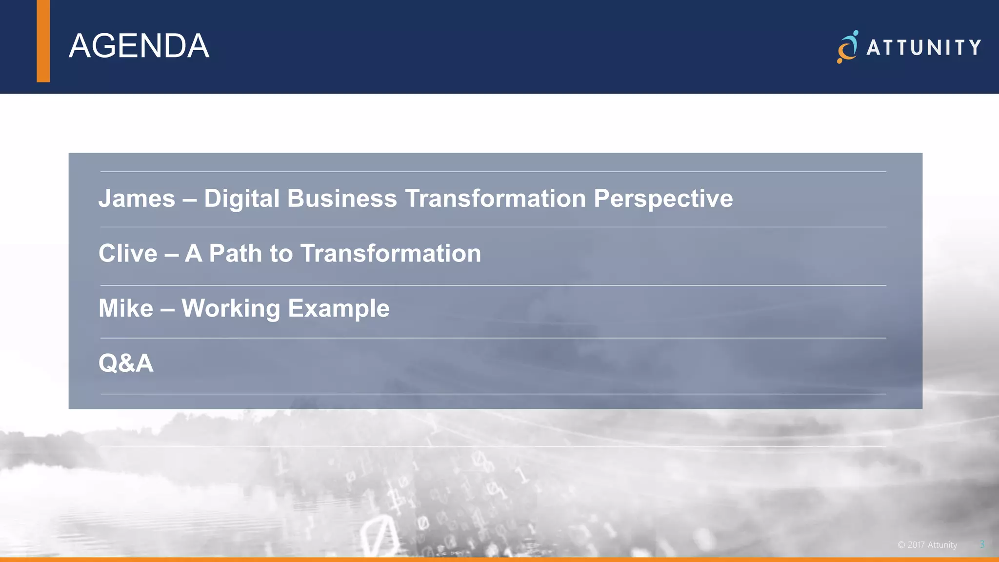 3© 2018 Attunity 3© 2017 Attunity
AGENDA
James – Digital Business Transformation Perspective
Clive – A Path to Transformation
Mike – Working Example
Q&A
 
