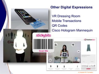 (c) Copyright 2014 Tery Spataro
Other Digital Expressions
VR Dressing Room
Mobile Transactions
QR Codes
Cisco Hologram Mannequin
 