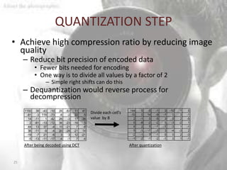 QUANTIZATION STEP
• Achieve high compression ratio by reducing image
  quality
     – Reduce bit precision of encoded data
            • Fewer bits needed for encoding
            • One way is to divide all values by a factor of 2
                  – Simple right shifts can do this
     – Dequantization would reverse process for
       decompression
     1150    39 -43   -10   26   -83    11    41                        144    5   -5   -1    3   -10    1    5
      -81    -3 115   -73   -6    -2    22    -5
                                                   Divide each cell’s   -10    0   14   -9   -1     0    3   -1
       14   -11   1   -42   26    -3    17   -38   value by 8             2   -1    0   -5    3     0    2   -5
        2   -61 -13   -12   36   -23   -18     5                          0   -8   -2   -2    5    -3   -2    1
       44    13 37     -4   10   -21     7    -8                          6    2    5   -1    1    -3    1   -1
       36   -11  -9    -4   20   -28   -21    14                          5   -1   -1   -1    3    -4   -3    2
      -19    -7 21     -6    3     3    12   -21                         -2   -1    3   -1    0     0    2   -3
       -5   -13 -11   -17   -4    -1     7    -4                         -1   -2   -1   -2   -1     0    1   -1

     After being decoded using DCT                                      After quantization


25
 