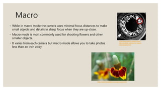 Macro
◦ While in macro mode the camera uses minimal focus distances to make
small objects and details in sharp focus when they are up-close.
◦ Macro mode is most commonly used for shooting flowers and other
smaller objects.
◦ It varies from each camera but macro mode allows you to take photos
less than an inch away.
http://www.better-digital-photo-
tips.com/best-camera-for-macro-
photography.html
http://www.boxedlight.com/dp2/susan1.htm
 