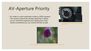 AV-Aperture Priority
◦ Av mode is a semi-automatic mode on DSLR cameras.
The camera controls the shutter speed but it allows
you to control the aperture and varying from each
camera sometimes you can control the ISO as well. http://betterphotography.in/features/question-day-aperture-
priority-2/3692/
https://www.singletracks.com/blog/mtb-photos/how-to-take-great-mountain-bike-photos/
 