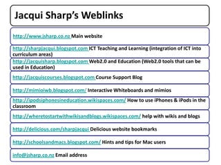 Jacqui Sharp’s Weblinks
http://www.jsharp.co.nz Main website

http://sharpjacqui.blogspot.com ICT Teaching and Learning (integration of ICT into
curriculum areas)
http://jacquisharp.blogspot.com Web2.0 and Education (Web2.0 tools that can be
used in Education)
http://jacquiscourses.blogspot.com Course Support Blog

http://mimioiwb.blogspot.com/ Interactive Whiteboards and mimios
http://ipodsiphonesineducation.wikispaces.com/ How to use iPhones & iPods in the
classroom
http://wheretostartwithwikisandblogs.wikispaces.com/ help with wikis and blogs

http://delicious.com/sharpjacqui Delicious website bookmarks

http://schoolsandmacs.blogspot.com/ Hints and tips for Mac users

info@jsharp.co.nz Email address
 