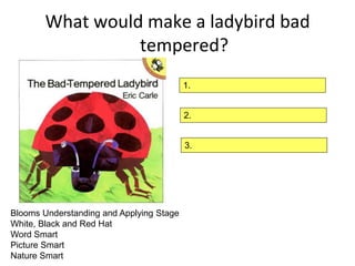 What would make a ladybird bad
                  tempered?
                                          1.


                                          2.


                                          3.




Blooms Understanding and Applying Stage
White, Black and Red Hat
Word Smart
Picture Smart
Nature Smart
 
