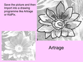 Save the picture and then
Import into a drawing
programme like Artrage
or KidPix.




                            Artrage
 