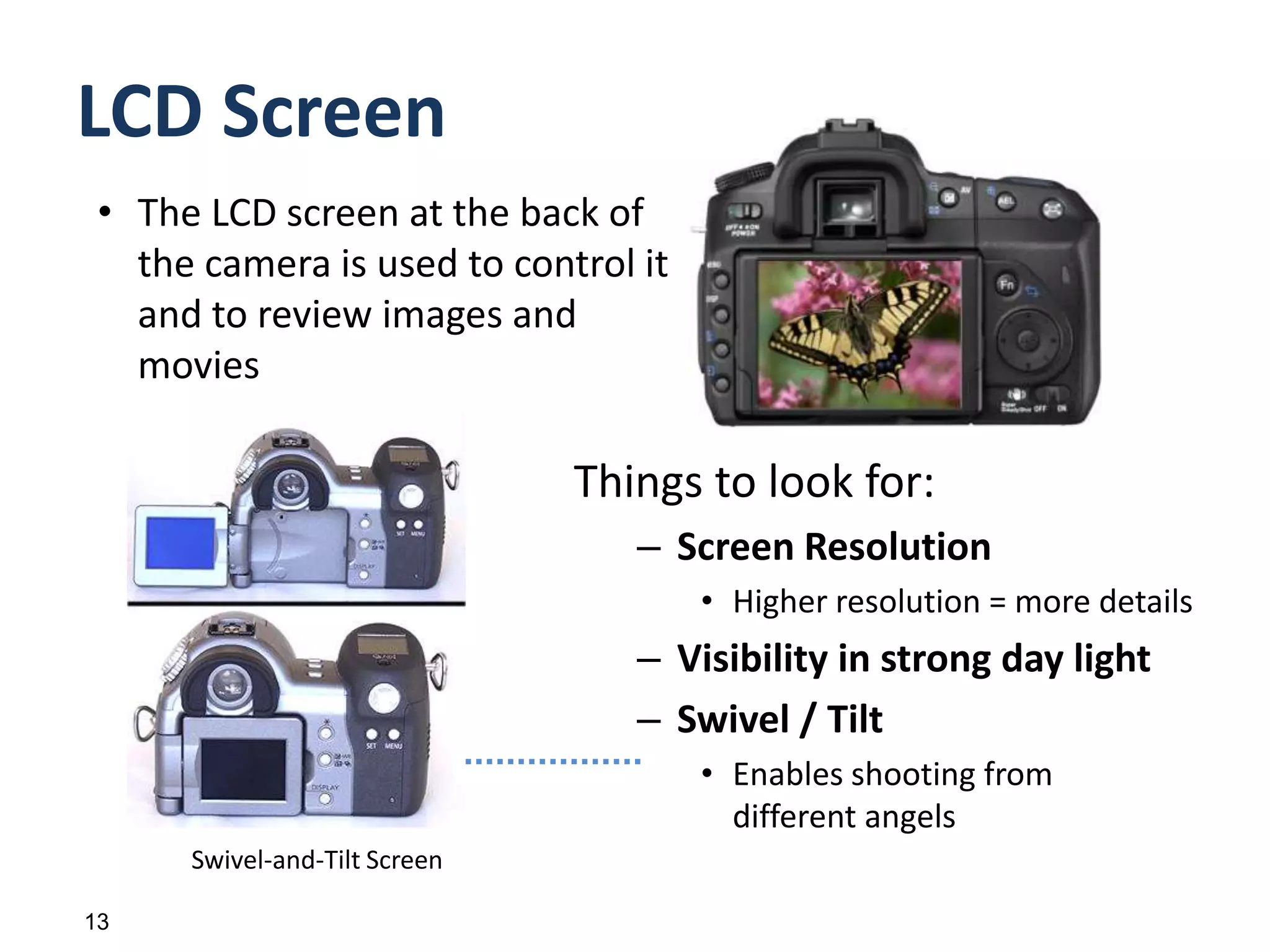 Digital Camera Operation5Camera Body1) The lens focuses light reflected from the subject onto the sensor2) Pressing the shutter button opens the shutter briefly to allow light in3) The image sensor converts the light into electric signalsShutterLensLightImageSensorSubjectDigitalImageProcessor5) The image file is stored in the memory card4) The digital image processor transforms the signals into an image file (usually in jpeg format)MemoryCard