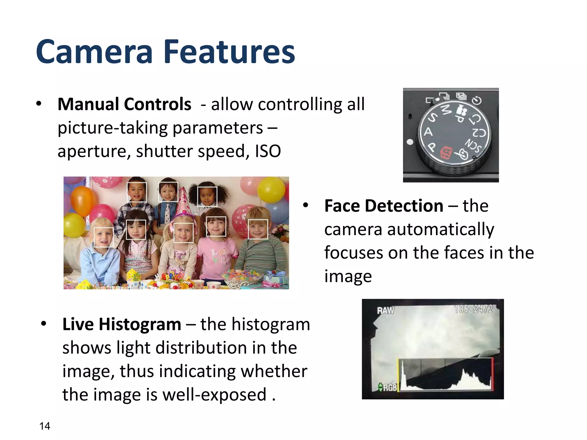 The Lens - Zoom6Changing the distance between the elements magnifies/shrinks the image (zoom in & out) Camera lenses are made up of glass elementsZoom range (AKA focal range) is measured in millimeters or in image magnification factor (xN)Fully-extended lensExample: x31 zoom from 18mm (wide) to 250mm (tele) 