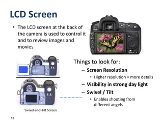 Digital Camera Operation5Camera Body1) The lens focuses light reflected from the subject onto the sensor2) Pressing the shutter button opens the shutter briefly to allow light in3) The image sensor converts the light into electric signalsShutterLensLightImageSensorSubjectDigitalImageProcessor5) The image file is stored in the memory card4) The digital image processor transforms the signals into an image file (usually in jpeg format)MemoryCard