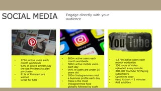 SOCIAL MEDIA Engage directly with your
audience
• 175m active users each
month worldwide
• 93% of active pinners say
the use Pinterest to plan
purchases
• 81% of Pinterest are
women
• Great for SEO
• 800m active users each
month worldwide
• 500m active mobile users
each day
• 90% of users are under 35
years old
• 200m Instagrammers visit
a business profile each day
• Pizza is the most
Instagrammed food
globally followed by sushi
• 1.57bn active users each
month worldwide
• 300 hours of video
uploaded every minute
• 300,000 YouTube TV Paying
subscribers
• Optimised copy
• Keep it short – 3 minutes
• Add subtitles
 