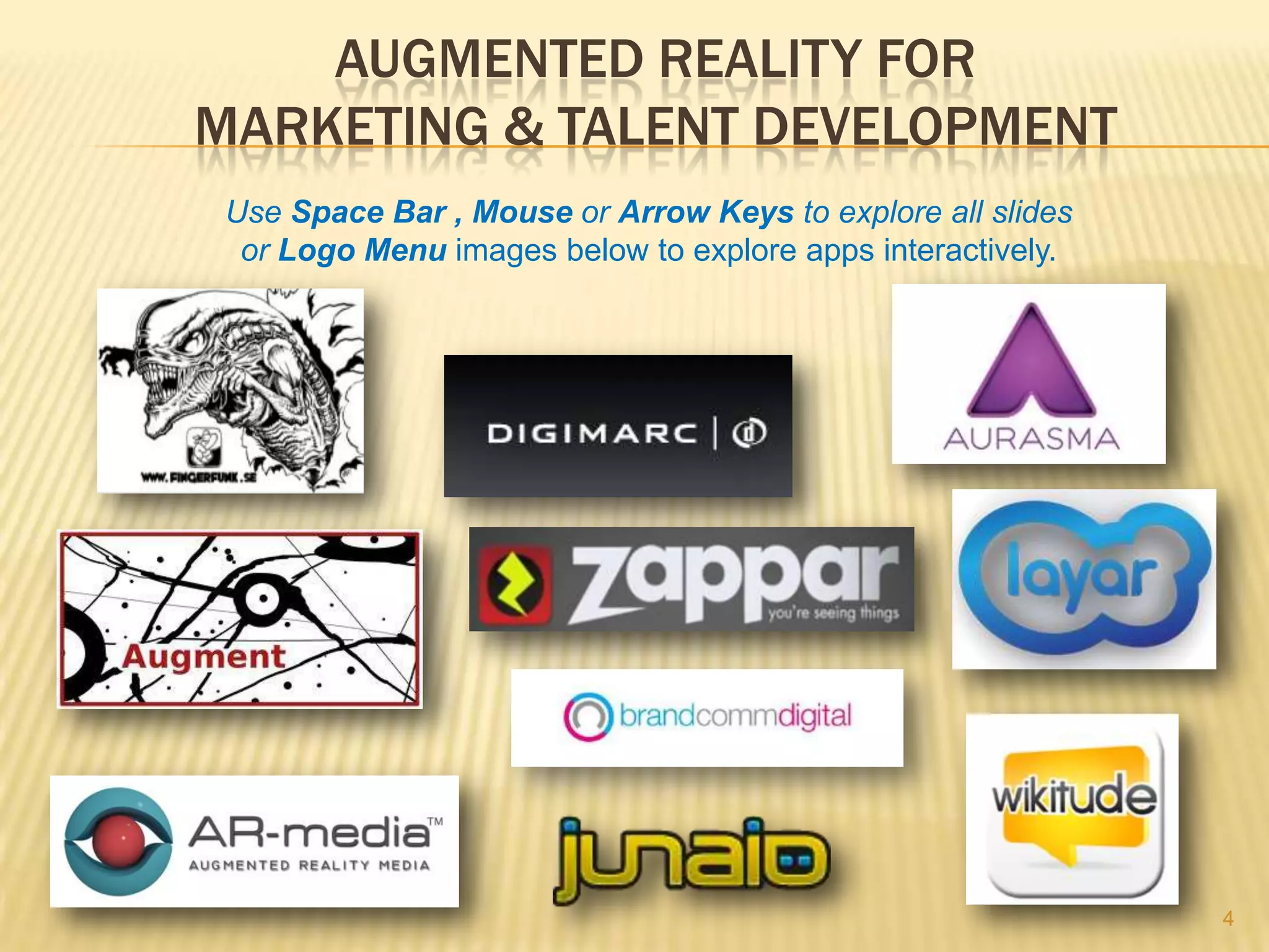 AUGMENTED REALITY FOR
MARKETING & TALENT DEVELOPMENT
 Use Space Bar , Mouse or Arrow Keys to view all slides.




                                                           4
 
