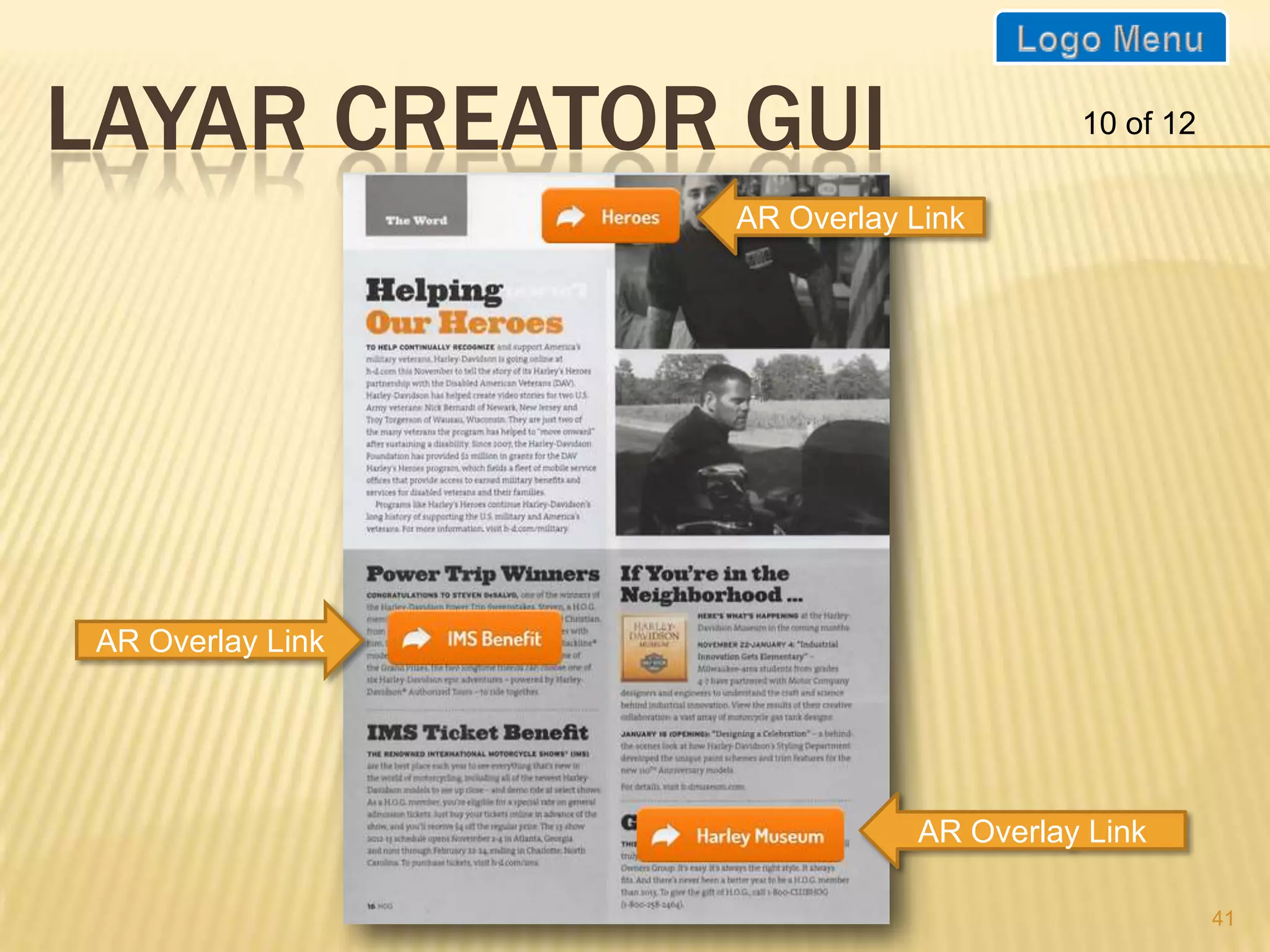 LAYAR CREATOR GUI                       10 of 12

                   AR Overlay Link




 AR Overlay Link




                              AR Overlay Link

                                                   41
 
