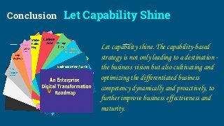 Conclusion Let Capability Shine
Let capability shine. The capability-based
strategy is not only leading to a destination -
the business vision but also cultivating and
optimizing the differentiated business
competency dynamically and proactively, to
further improve business effectiveness and
maturity.
 