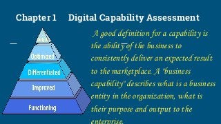Chapter 1 Digital Capability Assessment
A good definition for a capability is
the ability of the business to
consistently deliver an expected result
to the marketplace. A "business
capability" describes what is a business
entity in the organization, what is
their purpose and output to the
enterprise.
 