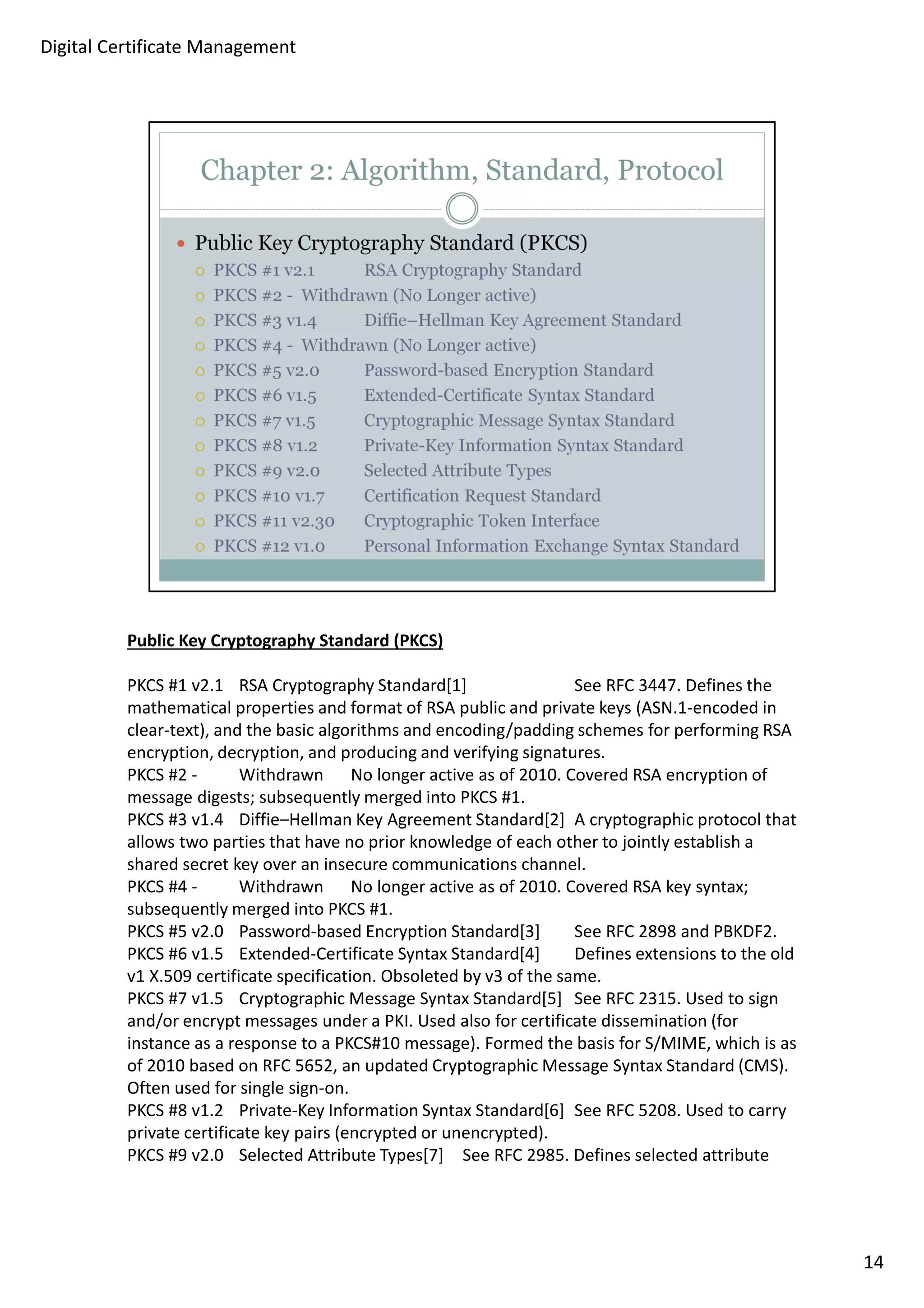 Public Key Cryptography Standard (PKCS) 
PKCS #1 v2.1 RSA Cryptography Standard[1] See RFC 3447. Defines the 
mathematical properties and format of RSA public and private keys (ASN.1-encoded in 
clear-text), and the basic algorithms and encoding/padding schemes for performing RSA 
encryption, decryption, and producing and verifying signatures. 
PKCS #2 - Withdrawn No longer active as of 2010. Covered RSA encryption of 
message digests; subsequently merged into PKCS #1. 
PKCS #3 v1.4 Diffie–Hellman Key Agreement Standard[2] A cryptographic protocol that 
allows two parties that have no prior knowledge of each other to jointly establish a 
shared secret key over an insecure communications channel. 
PKCS #4 - Withdrawn No longer active as of 2010. Covered RSA key syntax; 
subsequently merged into PKCS #1. 
PKCS #5 v2.0 Password-based Encryption Standard[3] See RFC 2898 and PBKDF2. 
PKCS #6 v1.5 Extended-Certificate Syntax Standard[4] Defines extensions to the old 
v1 X.509 certificate specification. Obsoleted by v3 of the same. 
PKCS #7 v1.5 Cryptographic Message Syntax Standard[5] See RFC 2315. Used to sign 
and/or encrypt messages under a PKI. Used also for certificate dissemination (for 
instance as a response to a PKCS#10 message). Formed the basis for S/MIME, which is as 
of 2010 based on RFC 5652, an updated Cryptographic Message Syntax Standard (CMS). 
Often used for single sign-on. 
PKCS #8 v1.2 Private-Key Information Syntax Standard[6] See RFC 5208. Used to carry 
private certificate key pairs (encrypted or unencrypted). 
PKCS #9 v2.0 Selected Attribute Types[7] See RFC 2985. Defines selected attribute 
14 
Digital Certificate Management 
 