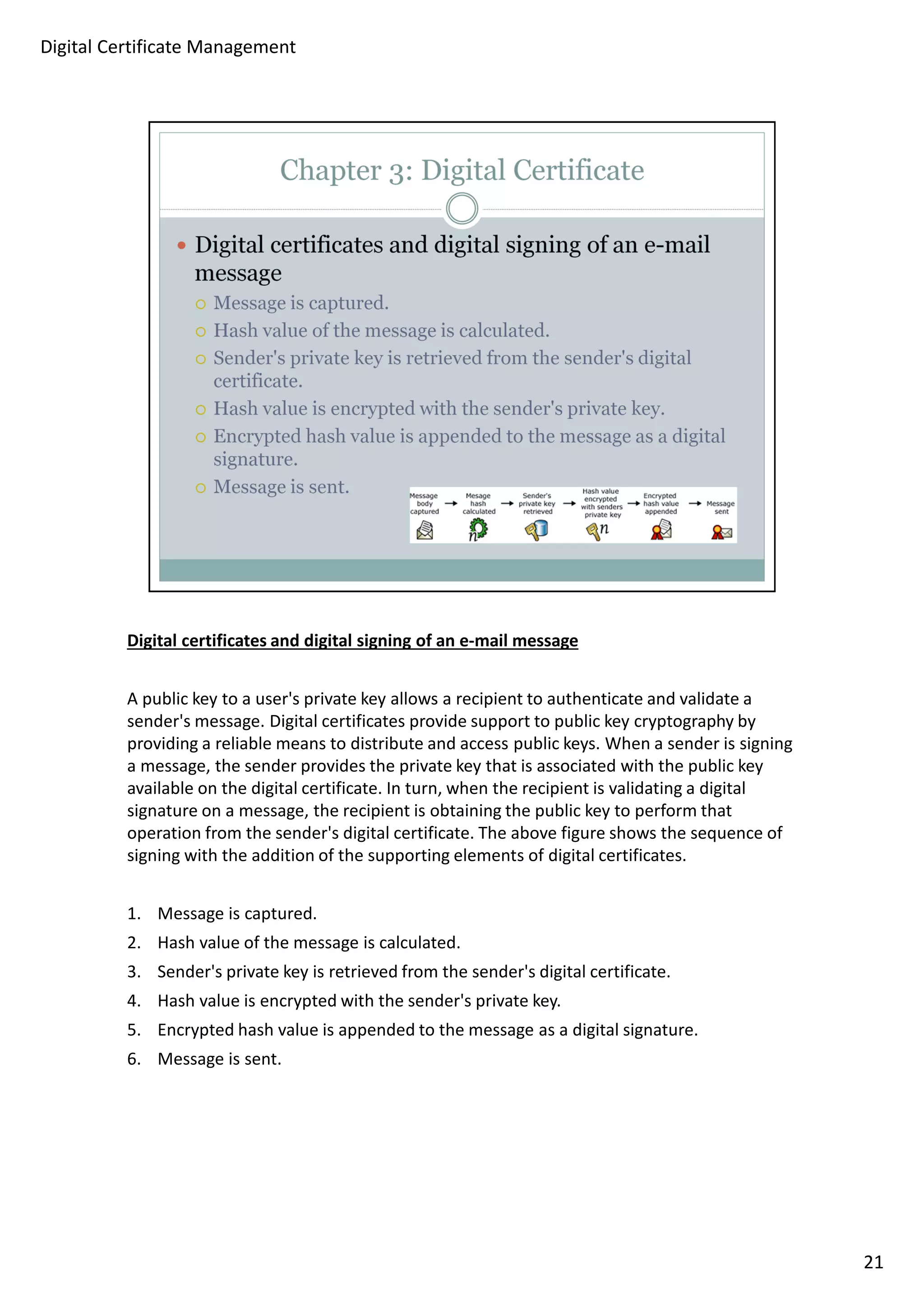 Digital certificates and digital signing of an e-mail message 
A public key to a user's private key allows a recipient to authenticate and validate a 
sender's message. Digital certificates provide support to public key cryptography by 
providing a reliable means to distribute and access public keys. When a sender is signing 
a message, the sender provides the private key that is associated with the public key 
available on the digital certificate. In turn, when the recipient is validating a digital 
signature on a message, the recipient is obtaining the public key to perform that 
operation from the sender's digital certificate. The above figure shows the sequence of 
signing with the addition of the supporting elements of digital certificates. 
1. Message is captured. 
2. Hash value of the message is calculated. 
3. Sender's private key is retrieved from the sender's digital certificate. 
4. Hash value is encrypted with the sender's private key. 
5. Encrypted hash value is appended to the message as a digital signature. 
6. Message is sent. 
21 
Digital Certificate Management 
 