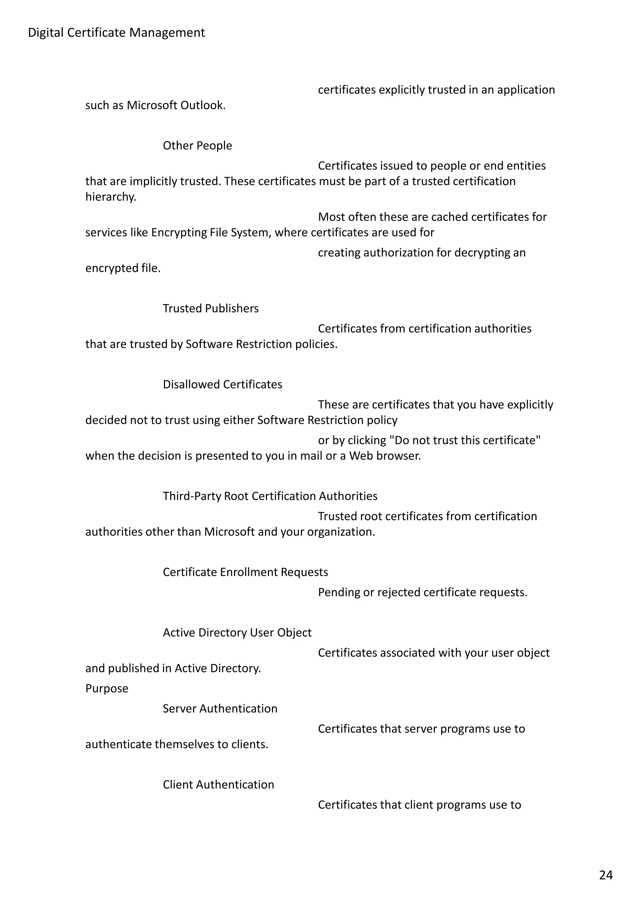 certificates explicitly trusted in an application 
such as Microsoft Outlook. 
Other People 
Certificates issued to people or end entities 
that are implicitly trusted. These certificates must be part of a trusted certification 
hierarchy. 
Most often these are cached certificates for 
services like Encrypting File System, where certificates are used for 
creating authorization for decrypting an 
encrypted file. 
Trusted Publishers 
Certificates from certification authorities 
that are trusted by Software Restriction policies. 
Disallowed Certificates 
These are certificates that you have explicitly 
decided not to trust using either Software Restriction policy 
or by clicking Do not trust this certificate 
when the decision is presented to you in mail or a Web browser. 
Third-Party Root Certification Authorities 
Trusted root certificates from certification 
authorities other than Microsoft and your organization. 
Certificate Enrollment Requests 
Pending or rejected certificate requests. 
Active Directory User Object 
Certificates associated with your user object 
and published in Active Directory. 
Purpose 
Server Authentication 
Certificates that server programs use to 
authenticate themselves to clients. 
Client Authentication 
Certificates that client programs use to 
Digital Certificate Management 
24 
 