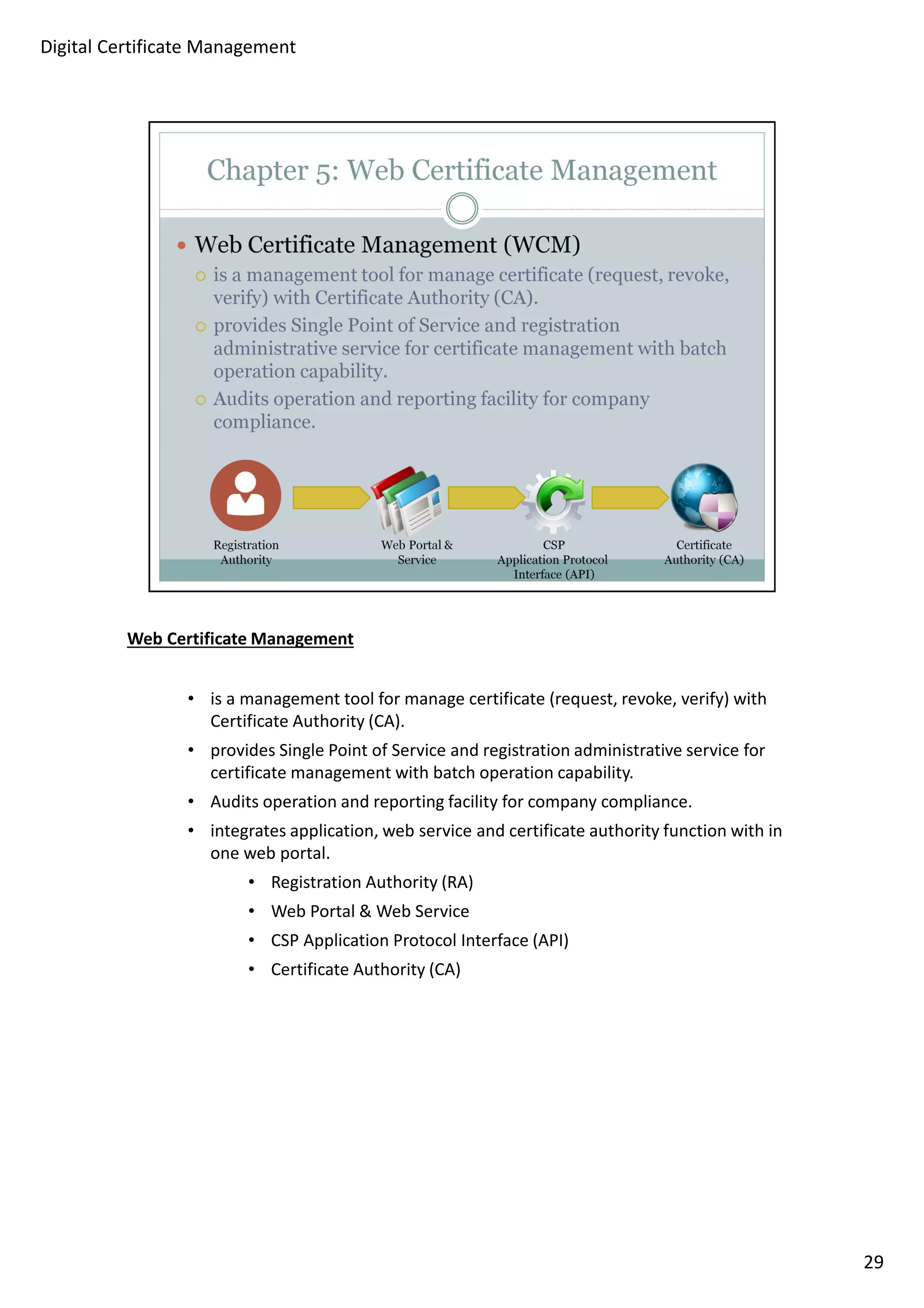Web Certificate Management 
• is a management tool for manage certificate (request, revoke, verify) with 
Certificate Authority (CA). 
• provides Single Point of Service and registration administrative service for 
certificate management with batch operation capability. 
• Audits operation and reporting facility for company compliance. 
• integrates application, web service and certificate authority function with in 
one web portal. 
• Registration Authority (RA) 
• Web Portal  Web Service 
• CSP Application Protocol Interface (API) 
• Certificate Authority (CA) 
29 
Digital Certificate Management 
 