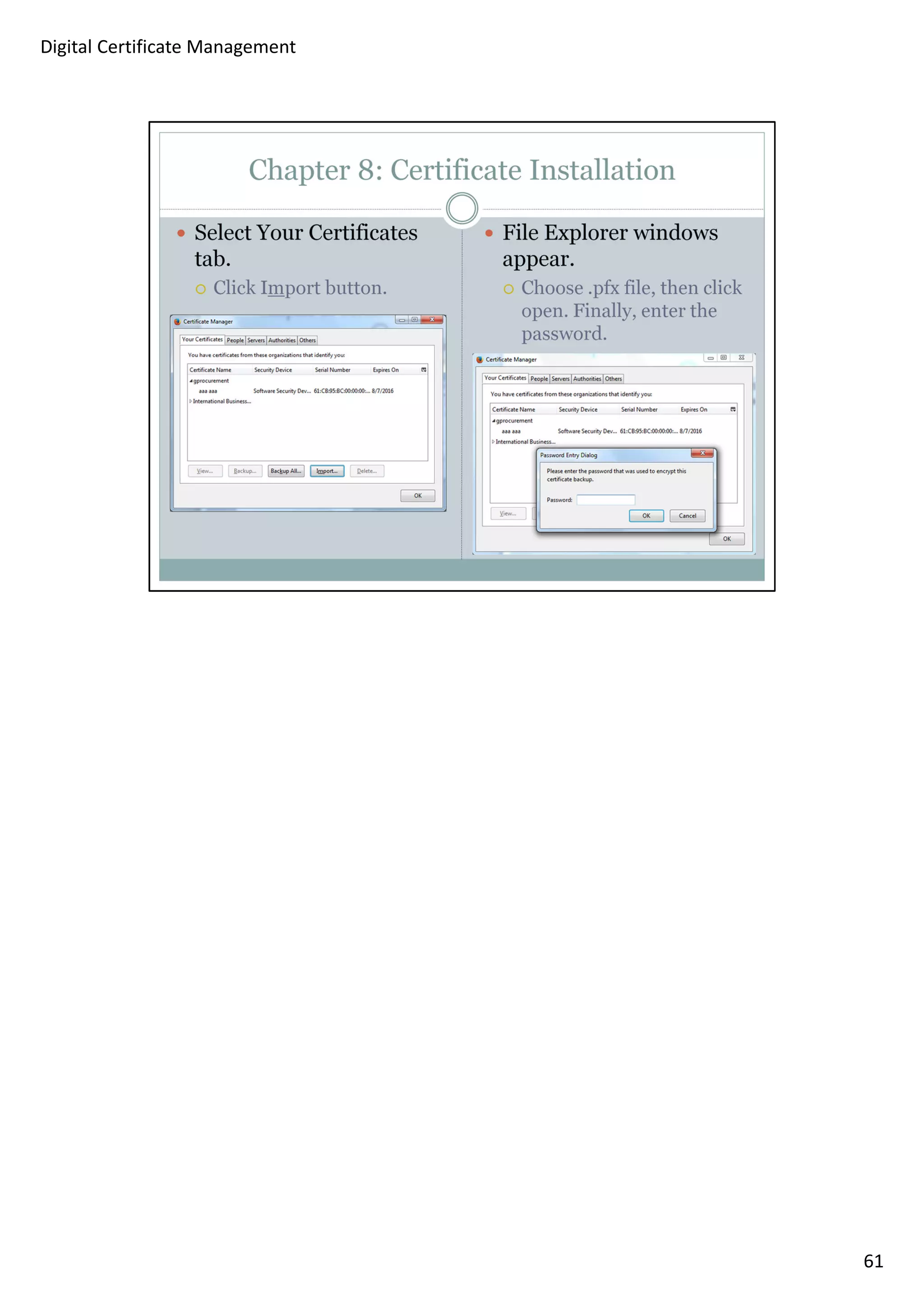 61 
Digital Certificate Management 
 
