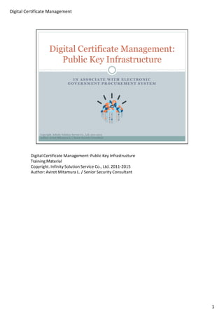 Digital Certificate Management: Public Key Infrastructure 
Training Material 
Copyright. Infinity Solution Service Co., Ltd. 2011-2015 
Author: Avirot Mitamura L. / Senior Security Consultant 
1 
Digital Certificate Management 
 