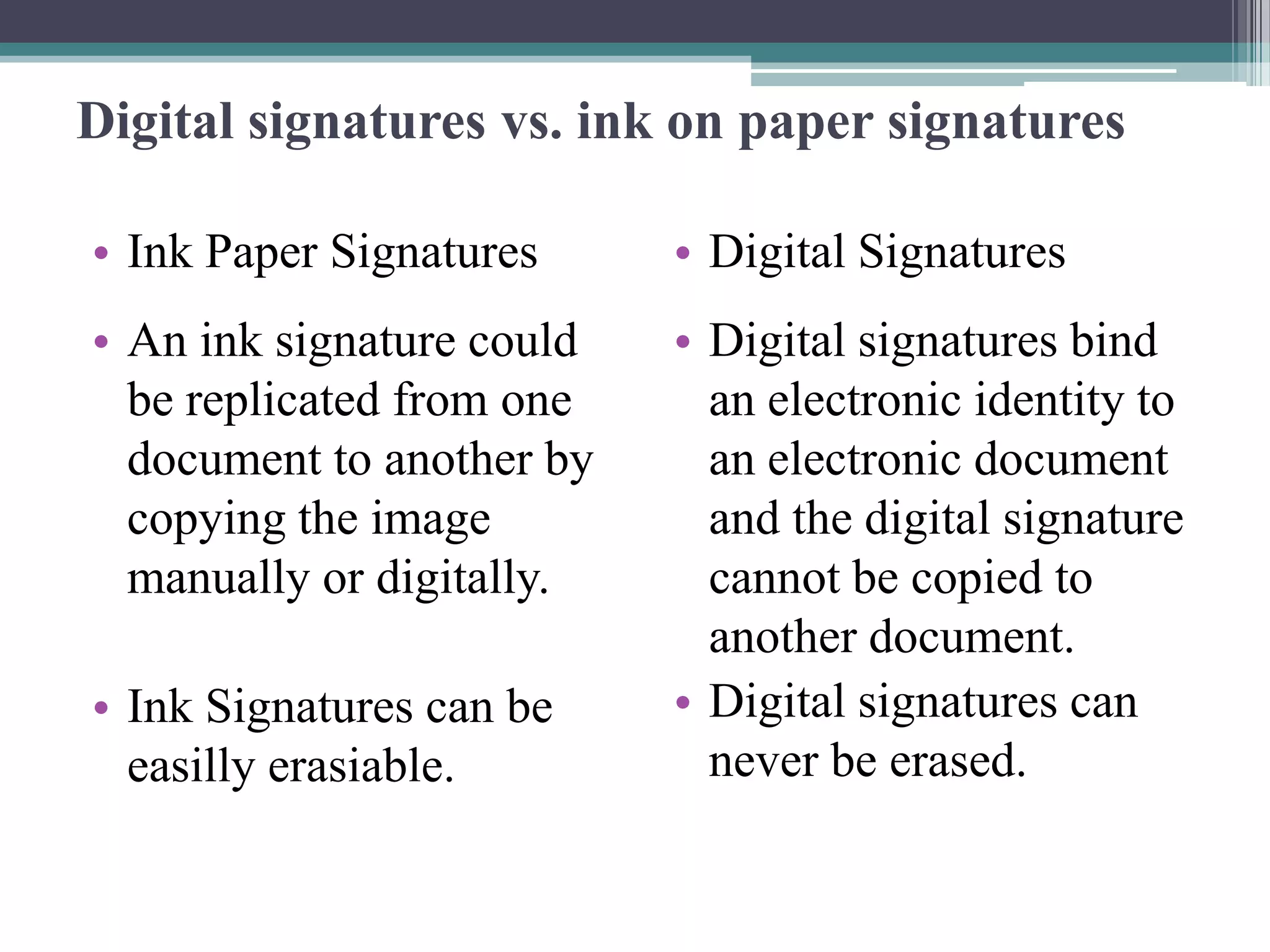 Digital signatures vs. ink on paper signatures

• Ink Paper Signatures     • Digital Signatures
• An ink signature could   • Digital signatures bind
  be replicated from one     an electronic identity to
  document to another by     an electronic document
  copying the image          and the digital signature
  manually or digitally.     cannot be copied to
                             another document.
• Ink Signatures can be    • Digital signatures can
  easilly erasiable.         never be erased.
 