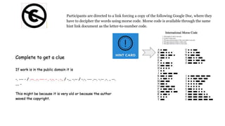 Participants are directed to a link forcing a copy of the following Google Doc, where they
have to decipher the words using morse code. Morse code is available through the same
hint link document as the letter-to-number code.
 