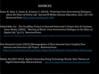 SOURCES
Davis, K., Katz, S., Santo, R., & James, C. (2010). “Fostering Cross-Generational Dialogues
     about the Ethics of Online Life.” Journal Of Media Literacy Education, 2(2), 124-150.
     Retrieved from http://jmle.org/blog/?p=302.


Global Kids, Inc. , The GoodPlay Project at Harvard University’s Project Zero & Common
   Sense Media. (2009). “Meeting of Minds: Cross-Generational Dialogue on the Ethics of
   Digital Life.” (p.11). Retreived from
   http://www.macfound.org/atf/cf/%7Bb0386ce3-8b29-4162-8098- e466fb856794%7D/DML-FOCUS-DIALOGUE-REPORT-0910.PDF.




Pew Research Center (2012) [Demographics of Teen Internet Users Graphic] Pew
  Internet and American Life Project. Retrieved from
  http://www.pewinternet.org/Static-Pages/Trend-Data-for-Teens/Whos-Online.aspx


Ribble, M.(2007-2012) Digital Citizenship Using Technology Wisely: Nine Themes of
     Digital Citizenship. Retrieved from http://www.digitalcitizenship.net/Nine_Elements.html
 