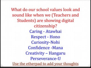 What do our school values look and
sound like when we (Teachers and
  Students) are showing digital
           citizenship?
         Caring - Atawhai
          Respect - Hono
          Curiosity-Nohi
        Confidence -Mana
      Creativity – Hangaru
         Perseverance-U
Use the etherpad to add your thoughts
 