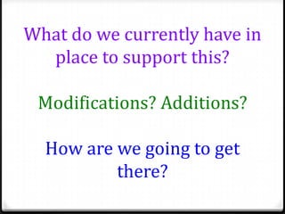 What do we currently have in
  place to support this?

 Modifications? Additions?

  How are we going to get
          there?
 