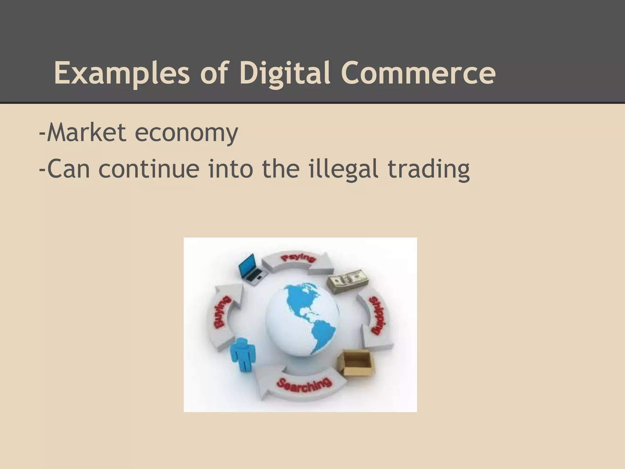 Examples of Digital Commerce
-Market economy
-Can continue into the illegal trading
 