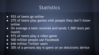 Statistics
● 93% of teens go online
● 27% of teens play games with people they don’t know
online
● On average a teen receives and sends 1,500 texts per
month
● 97% of teens play a video game
● 500 million people use Facebook
● 646 million Twitter users
● 30% of a persons day is spent on an electronic device

 