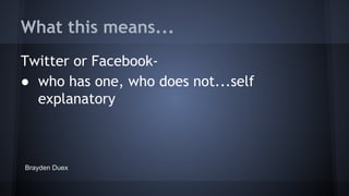 What this means...
Twitter or Facebook● who has one, who does not...self
explanatory

Brayden Duex

 