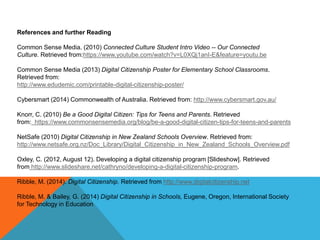 References and further Reading
Common Sense Media. (2010) Connected Culture Student Intro Video -- Our Connected
Culture. Retrieved from:https://www.youtube.com/watch?v=L0XQj1anI-E&feature=youtu.be
Common Sense Media (2013) Digital Citizenship Poster for Elementary School Classrooms.
Retrieved from:
http://www.edudemic.com/printable-digital-citizenship-poster/
Cybersmart (2014) Commonwealth of Australia. Retrieved from: http://www.cybersmart.gov.au/
Knorr, C. (2010) Be a Good Digital Citizen: Tips for Teens and Parents. Retrieved
from: https://www.commonsensemedia.org/blog/be-a-good-digital-citizen-tips-for-teens-and-parents
NetSafe (2010) Digital Citizenship in New Zealand Schools Overview. Retrieved from:
http://www.netsafe.org.nz/Doc_Library/Digital_Citizenship_in_New_Zealand_Schools_Overview.pdf
Oxley, C. (2012, August 12). Developing a digital citizenship program [Slideshow]. Retrieved
from http://www.slideshare.net/cathryno/developing-a-digital-citizenship-program.
Ribble, M. (2014). Digital Citizenship. Retrieved from http://www.digitalcitizenship.net
Ribble, M. & Bailey, G. (2014) Digital Citizenship in Schools, Eugene, Oregon, International Society
for Technology in Education
 