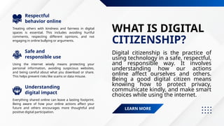WHAT IS DIGITAL
CITIZENSHIP?
Digital citizenship is the practice of
using technology in a safe, respectful,
and responsible way. It involves
understanding how our actions
online affect ourselves and others.
Being a good digital citizen means
knowing how to protect privacy,
communicate kindly, and make smart
choices while using the internet.
LEARN MORE
Treating others with kindness and fairness in digital
spaces is essential. This includes avoiding hurtful
comments, respecting different opinions, and not
engaging in online bullying or arguments.
Using the internet wisely means protecting your
personal information, avoiding suspicious websites,
and being careful about what you download or share.
This helps prevent risks like scams or data misuse.
Respectful
behavior online
Safe and
responsible use
Everything shared online can leave a lasting footprint.
Being aware of how your online actions affect your
future and others encourages more thoughtful and
positive digital participation.
Understanding
digital impact
 
