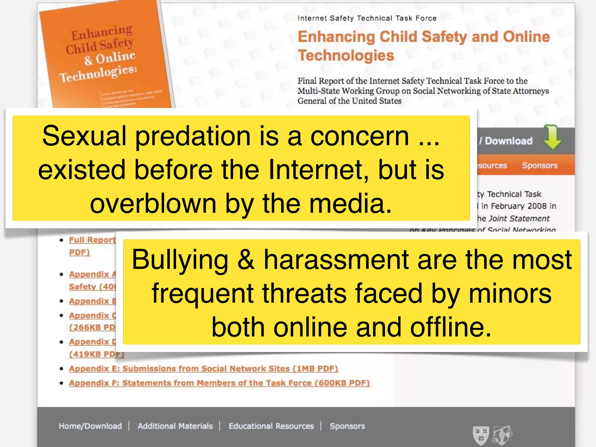 Sexual predation is a concern ...
existed before the Internet, but is
overblown by the media.
Bullying & harassment are the most
frequent threats faced by minors
both online and ofﬂine.

 