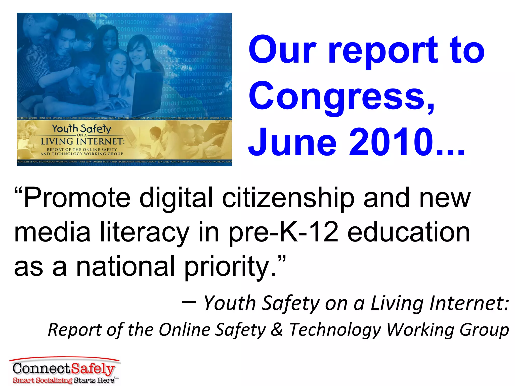 What else we know
            …from youth-risk research:
           “Youth who engage in online
           aggressive behavior … are
more than twice as likely to report online
interpersonal victimization.”
             – Archives of Pediatrics, 2007
 