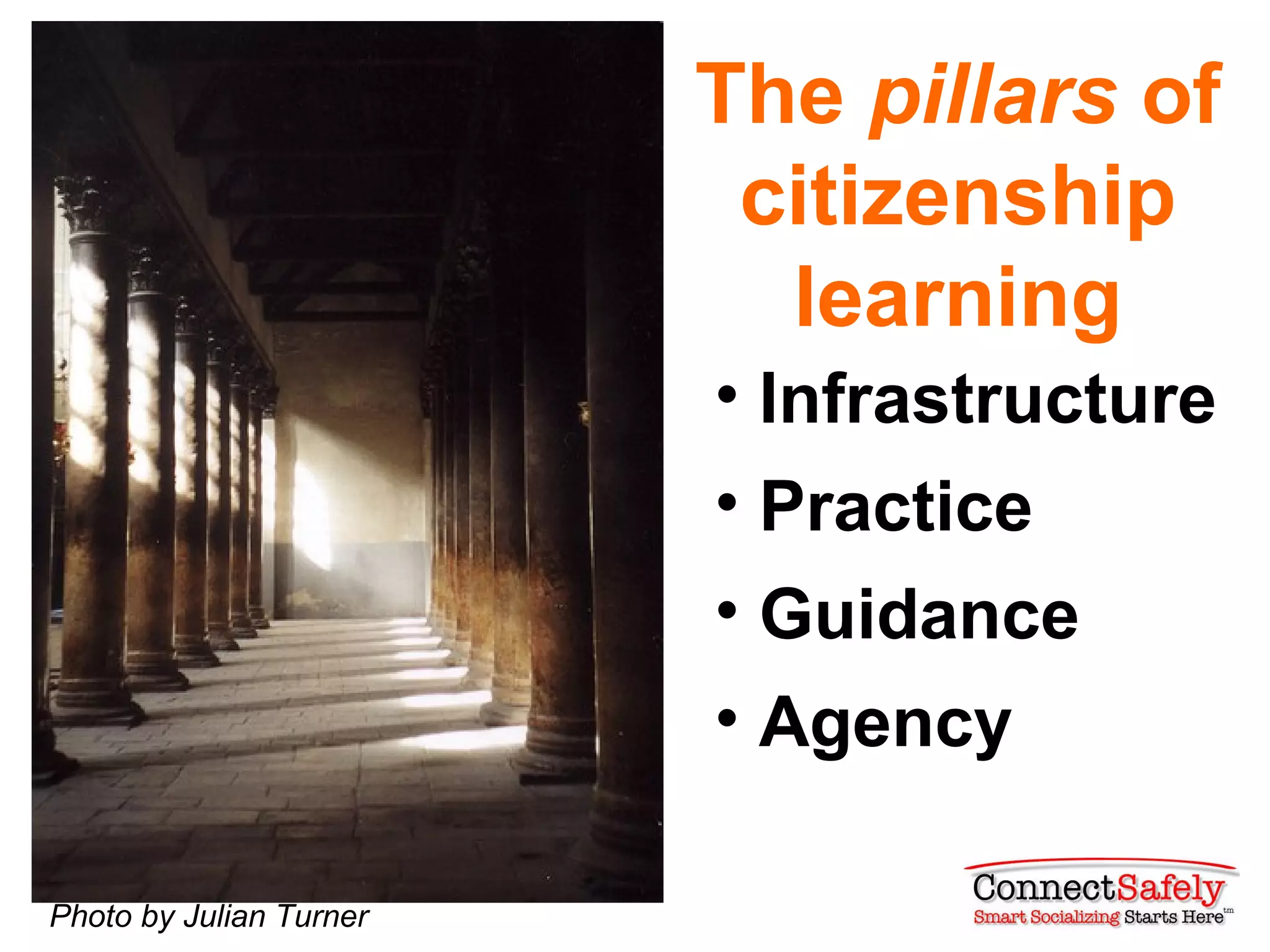 Expanded definition (draft)
Citizenship: the rights & responsibilities of full, positive
   engagement in a participatory world
• Rights – access & participation, free speech, privacy,
  physical & psychological safety, safety of material
  and intellectual property
• Responsibilities – respect & civility -> self & others;
  protecting own/others’ rights & property; respectful
  interaction; demonstrating the blended literacy of a
  networked world: digital, media, social
 