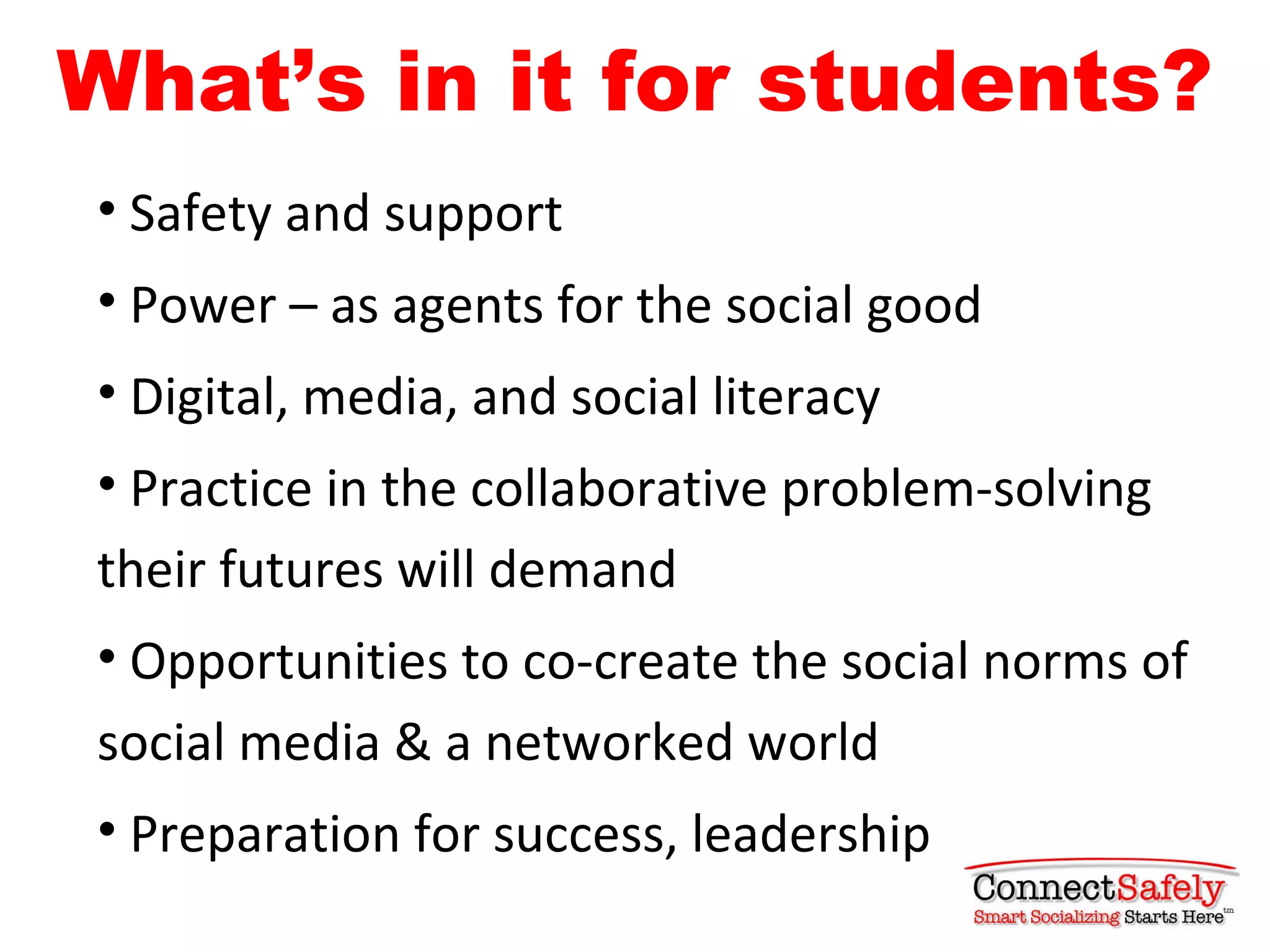 Digital learning’s
     progression
1. Classroom engagement
2. Civic engagement (participation)
3. Civic efficacy
 