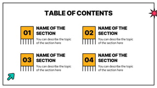 TABLE OF CONTENTS
You can describe the topic
of the section here
You can describe the topic
of the section here
You can describe the topic
of the section here
You can describe the topic
of the section here
01
03
02
04
NAME OF THE
SECTION
NAME OF THE
SECTION
NAME OF THE
SECTION
NAME OF THE
SECTION
 