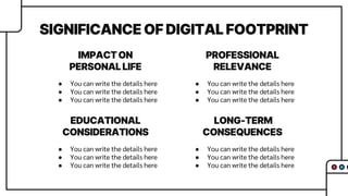 SIGNIFICANCE OF DIGITAL FOOTPRINT
EDUCATIONAL
CONSIDERATIONS
LONG-TERM
CONSEQUENCES
● You can write the details here
● You can write the details here
● You can write the details here
● You can write the details here
● You can write the details here
● You can write the details here
IMPACT ON
PERSONAL LIFE
PROFESSIONAL
RELEVANCE
● You can write the details here
● You can write the details here
● You can write the details here
● You can write the details here
● You can write the details here
● You can write the details here
 