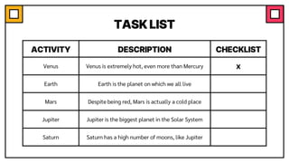 TASK LIST
ACTIVITY DESCRIPTION CHECKLIST
Venus Venus is extremely hot, even more than Mercury x
Earth Earth is the planet on which we all live
Mars Despite being red, Mars is actually a cold place
Jupiter Jupiter is the biggest planet in the Solar System
Saturn Saturn has a high number of moons, like Jupiter
 