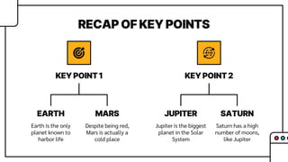 RECAP OF KEY POINTS
Jupiter is the biggest
planet in the Solar
System
Earth is the only
planet known to
harbor life
Saturn has a high
number of moons,
like Jupiter
Despite being red,
Mars is actually a
cold place
JUPITER
EARTH SATURN
MARS
KEY POINT 1 KEY POINT 2
 